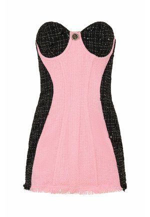 Bustier dress featuring a pink woven body, black textured sides, and a button accent at the center. Fringed hem detail.