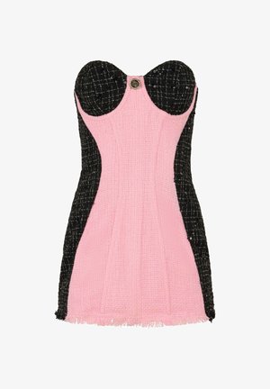 Sukienka typu bustier z różowym plecionym korpusem, czarnymi teksturowanymi bokami i akcentem w postaci guzika na środku. Wykończenie z frędzlami.