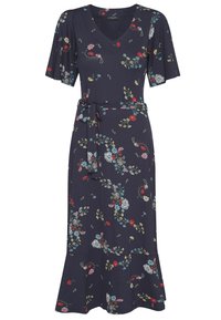 Robe florale navy à manches courtes, décolleté en V, ceinture à nouer à la taille et ourlet évasé. Présente des motifs floraux colorés sur un tissu doux et extensible.