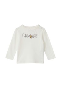 Witte lange mouwen shirt met ronde hals, voorzien van de tekst "circus" en een kleine leeuw illustratie op de voorkant, drukknoopdetail op de schouder.