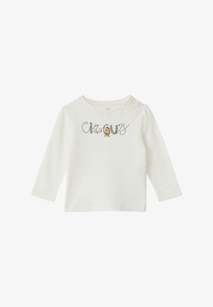 Witte lange mouwen shirt met ronde hals, voorzien van de tekst "circus" en een kleine leeuw illustratie op de voorkant, drukknoopdetail op de schouder.