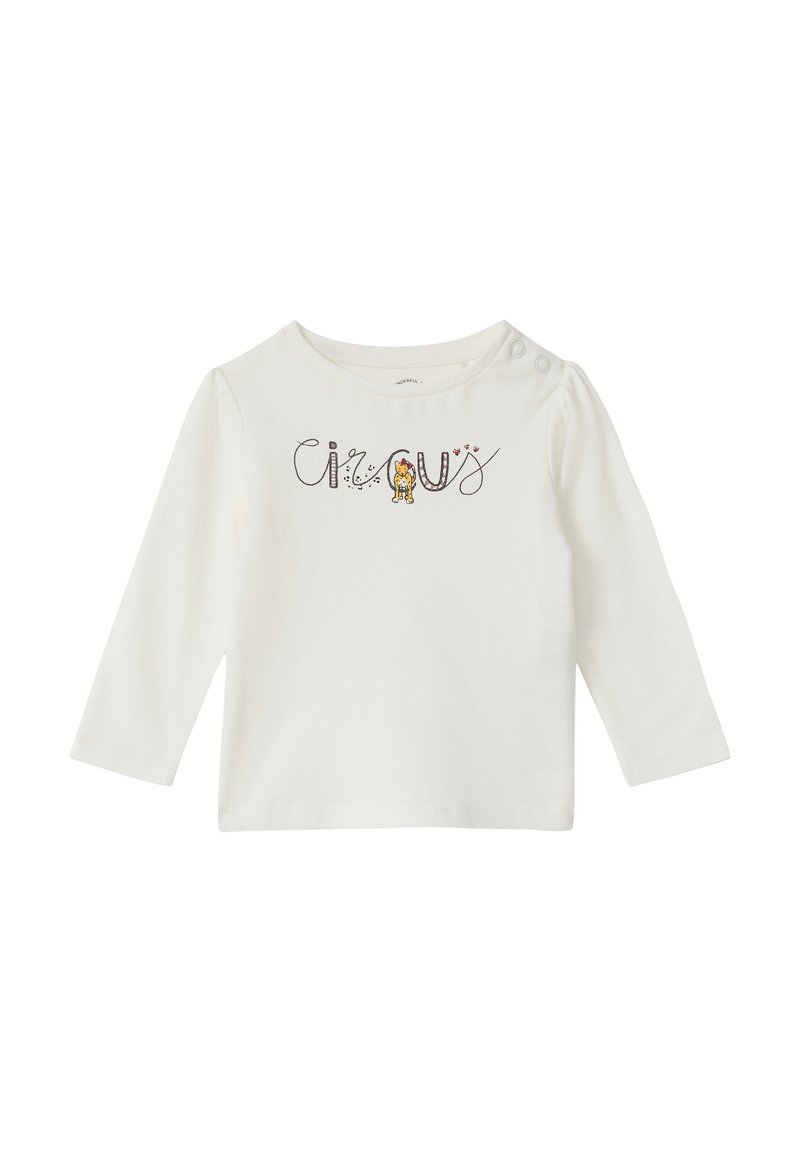 Witte lange mouwen shirt met ronde hals, voorzien van de tekst "circus" en een kleine leeuw illustratie op de voorkant, drukknoopdetail op de schouder.