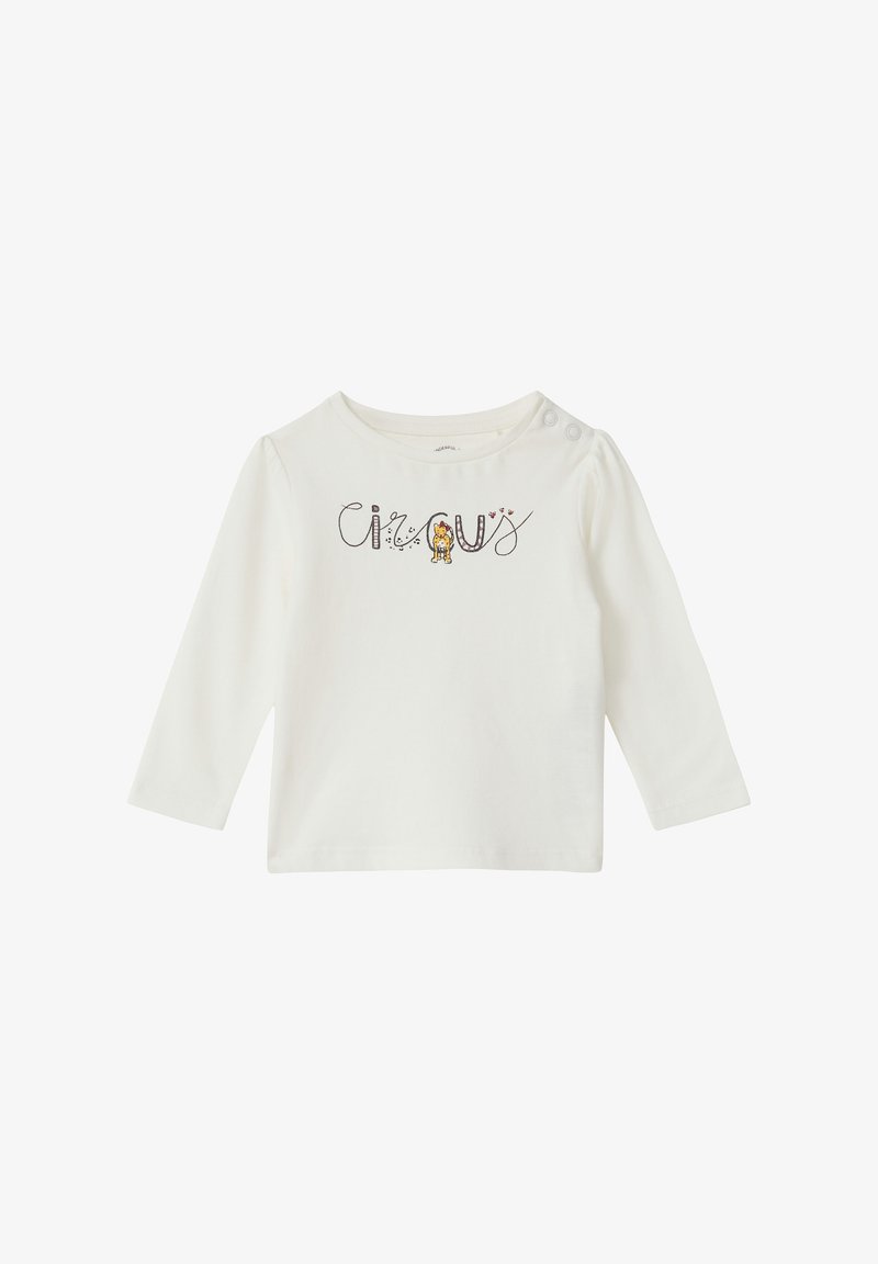 Witte lange mouwen shirt met ronde hals, voorzien van de tekst "circus" en een kleine leeuw illustratie op de voorkant, drukknoopdetail op de schouder.