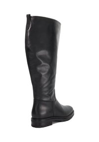Knee-high black leather boots featuring a sleek design, smooth texture, and a slightly raised heel with a rugged sole for traction.