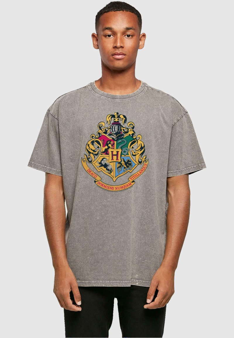 Camiseta gris de gran tamaño con un emblema vibrante y multicolor que presenta un escudo y una pancarta con texto, fabricada en suave material de algodón.