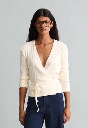 Marc O'Polo DENIM, MARC O'POLO DENIM WICKELTOP SLIM AUS GERIPPTEM STRETCHJERSEY - Strickjacke - white blush