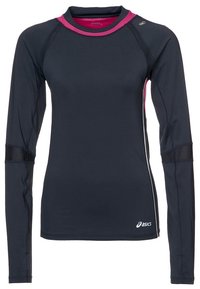 Maglietta sportiva nera a maniche lunghe con rifinitura rosa del colletto e logo Asics bianco sul lato sinistro in basso.