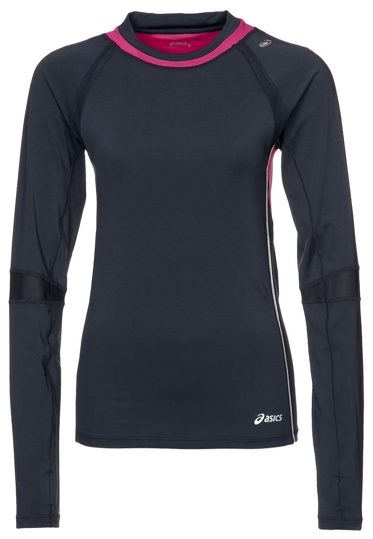 Maglietta sportiva nera a maniche lunghe con rifinitura rosa del colletto e logo Asics bianco sul lato sinistro in basso.