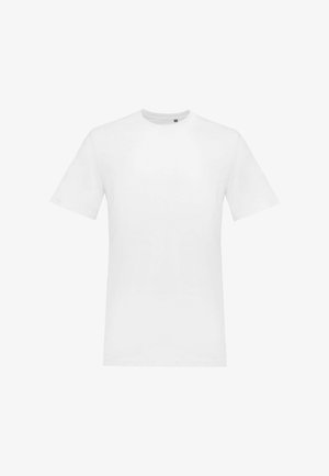 T-shirt bianco in cotone con maniche corte, scollo rotondo e un design semplice. Texture liscia, colore uniforme, senza motivi o dettagli.