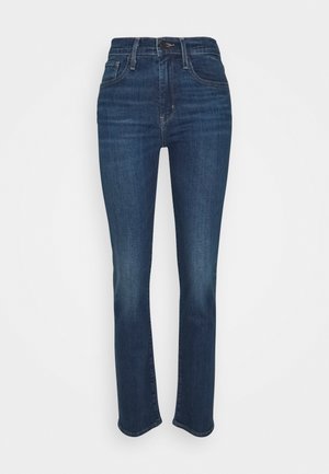 Dark blue high-waist straight-leg denim jeans with front button and pockets, shown against a plain white background.