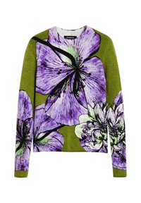 Knit sweater featuring large purple floral patterns on a green background. Round neckline and ribbed cuffs complete the design.