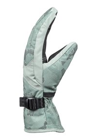 Insulated mitt glove in light mint with a geometric black pattern, featuring a secure black strap and adjustable wrist closure.