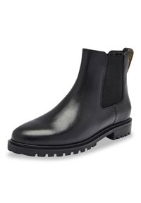 Bota Chelsea de cuero negro con paneles laterales elásticos, punta redondeada y suela de goma resistente. Presenta un acento metálico cerca del talón.