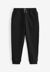 Schwarze Sweatpants mit einem elastischen Bund, Schnürdetail und Seitentaschen. Schmal zulaufendes Bein mit gerippten Bündchen an den Knöcheln.