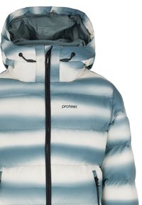 Blau-weißer gestreifter Pufferjacke mit Kapuze, ausgestattet mit einem Frontreißverschluss und zwei Seitentaschen. Hergestellt aus leichtem, isoliertem Material.