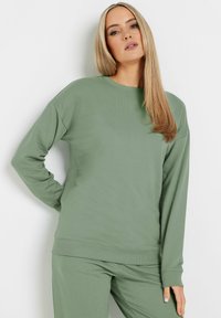 Felpa verde chiaro in morbido tessuto, con collo rotondo, maniche lunghe e polsini e orlo a costine. Design semplice e rilassato senza motivi.