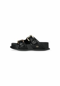 Black sandals made of synthetic material with two wide straps, gold buckles, a textured sole, and a platform design.