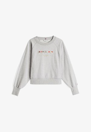 Grauer Pullover mit Rundhalsausschnitt und Raglanärmeln. Mit einem grafischen Logo in Rot, Blau und Gelb. Rippbündchen und -saum. Weiche Textur.