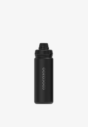 Schwarze Coocazoo Wasserflasche mit Schraubverschluss, zylindrischer Form und vertikal in hellgrau gedrucktem Markennamen.