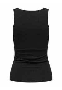 Top senza maniche nero con scollo a barca, realizzato in un tessuto testurizzato con sottili luccichii, caratterizzato da una forma aderente e un dettaglio vita arricciato.
