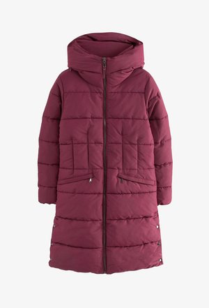 Caban puf burgund cu glugă, cu quiltare orizontală, fermoar față și două buzunare laterale, accentuat de accesorii argintii.