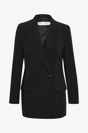 Black blazer with a notched lapel, single button closure, two front pockets, and a smooth texture. Tailored fit with long sleeves.