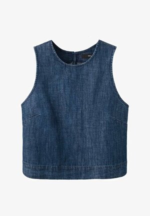 Plava traper bezrukavka s okruglim izrezom na vrat, dva bočna džepa i ravnim rubom; ima zatvaranje na kopče straga.