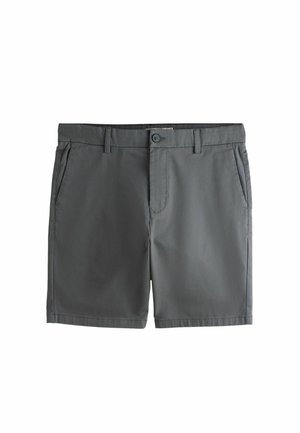 Tmavosivé neformálne šortky s gombíkom a zipsom na zapínanie, pútkami na opasok a bočnými vreckami, zobrazené na jednoduchom bielom pozadí.