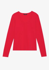 Rød langærmet V-hals skjorte med et enkelt design, vist fladt mod en hvid baggrund.