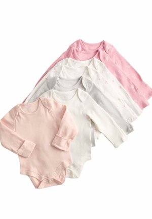 Ensemble de cinq bodysuits à manches longues en rose, blanc et gris. Matériel en coton doux, fermeture à pressions en bas, motif floral sur un des bodysuits.