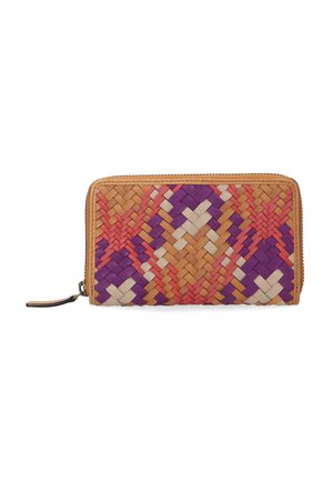 Woven wallet with a zip closure, featuring a tan border. Vivid patterns in pink, purple, beige, and orange create a textured surface.