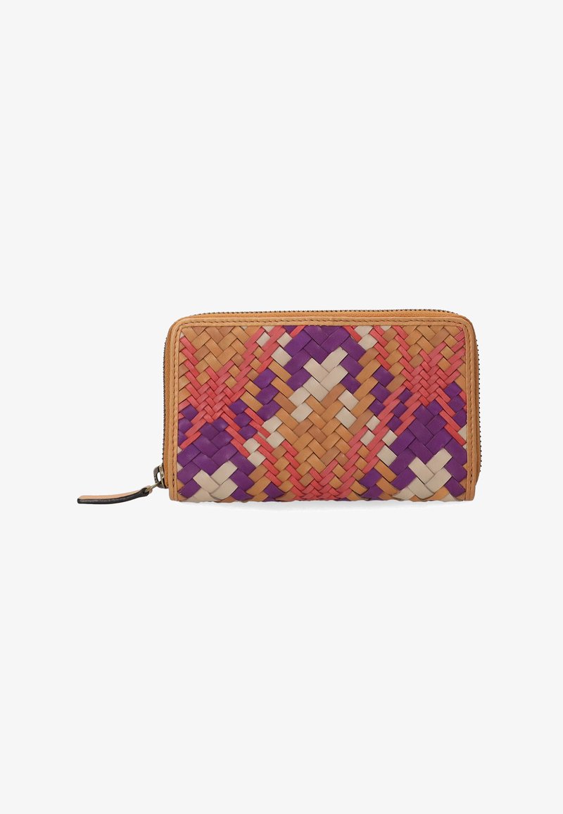 Portefeuille tissé avec une fermeture à zip, présentant une bordure beige. Des motifs éclatants en rose, violet, beige et orange créent une surface texturée.