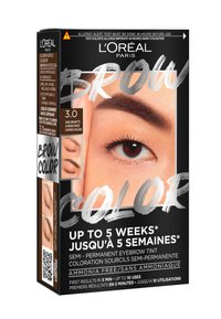 Kit de teinture pour sourcils L'Oréal Paris, sans ammoniaque, teinte brun foncé. Présente un gros plan de sourcils bien entretenus et un emballage avec les détails essentiels.
