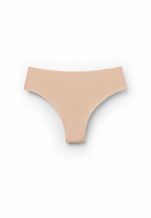 Naadloze naadloze slip met een gladde textuur, minimale bedekking en brede tailleband. Gemaakt van lichtgewicht, rekbaar materiaal.