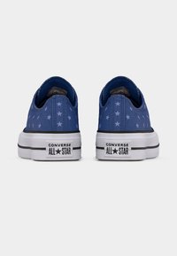 Ζευγάρι μπλε αθλητικά παπούτσια Converse All Star με λευκά σχέδια αστεριών, απεικονιζόμενα από πίσω σε λευκό φόντο.