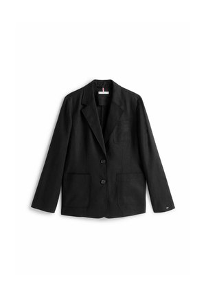 Zwarte linnen blazer met een enkele rij knopen, twee voorzakken en notched revers. Bevat twee knopen en een klein accentlabel.