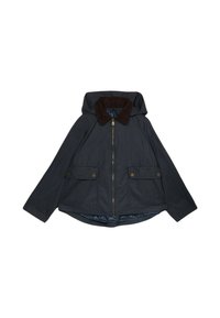 Veste bleu foncé avec capuche et col en velours côtelé marron. Elle possède une fermeture éclair à l'avant, deux poches avant avec boutons-pression et un ourlet légèrement arrondi.