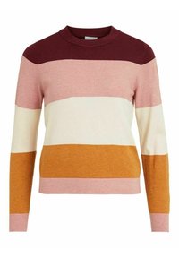 Pull en maille à col rond présentant des rayures horizontales en bordeaux, rose, crème et orange. Texture douce avec ourlets et poignets côtelés.
