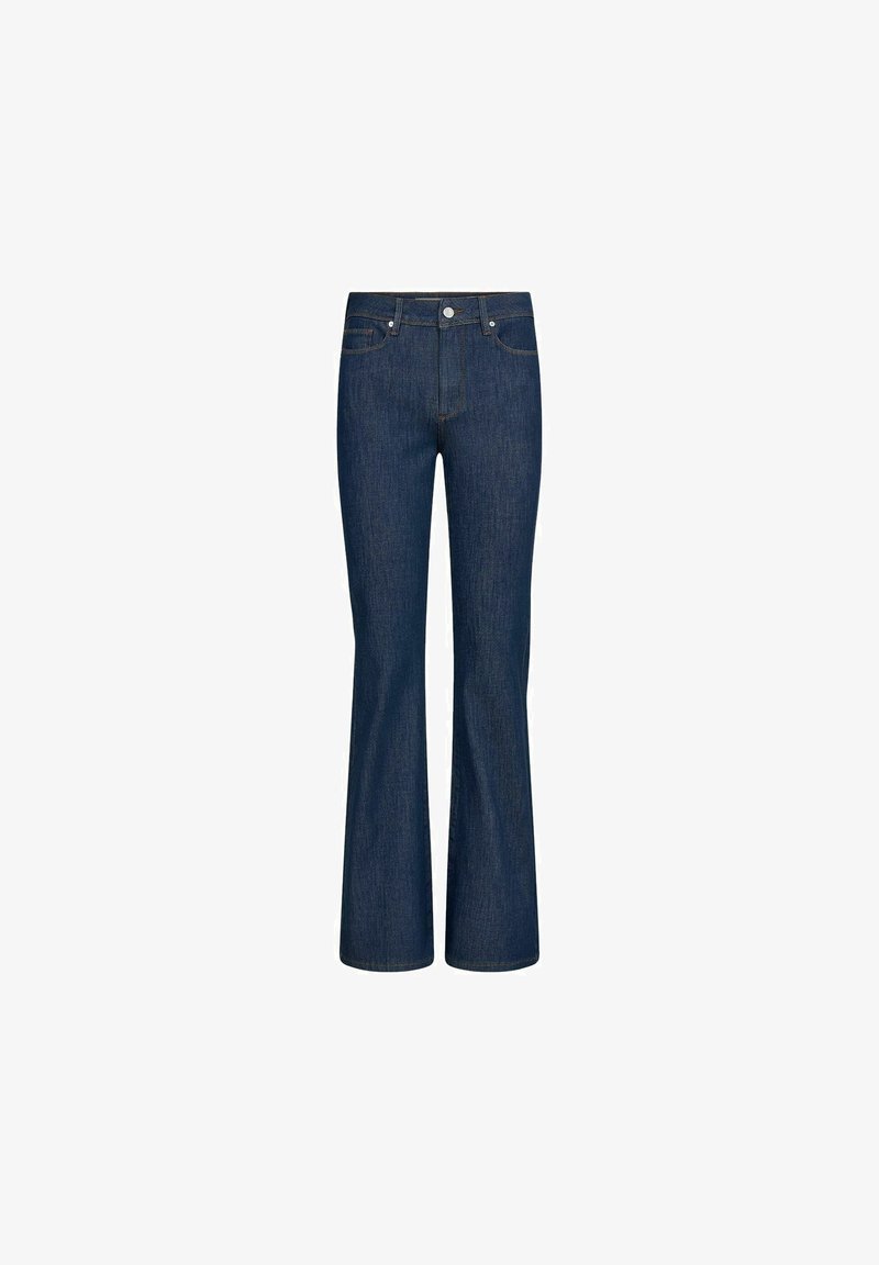 Flared denim jeans in dark blue with a smooth texture. Features a front button and pockets, with contrasting stitching along seams.