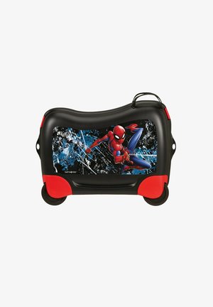 Valigia per bambini nera e rossa con ruote, caratterizzata da una grafica dinamica di Spider-Man su uno sfondo macchiato blu e nero.