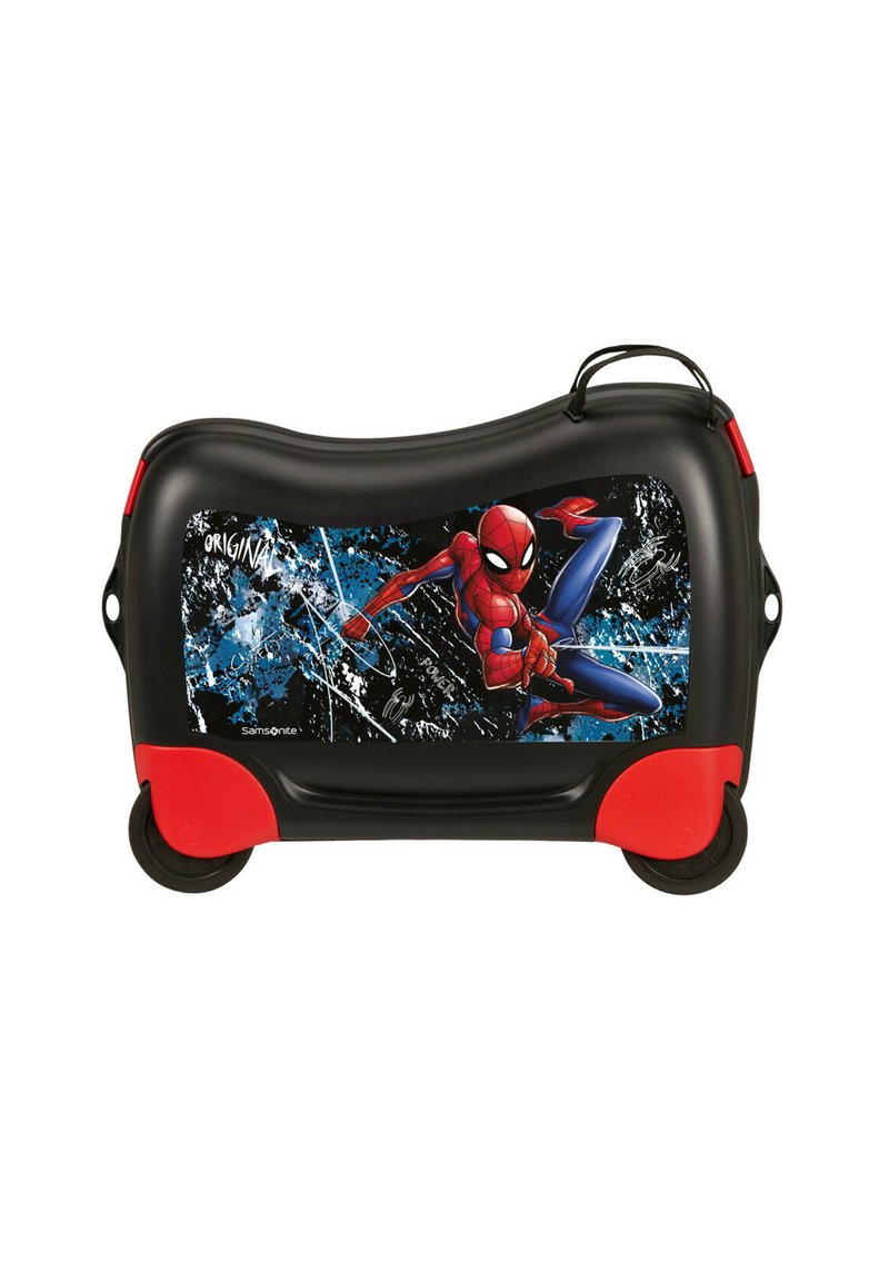 Maleta infantil negra y roja con ruedas que presenta un gráfico dinámico de Spider-Man sobre un fondo salpicado de azul y negro.