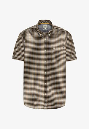 Chemise à manches courtes à carreaux dans des tons marron et beige, dotée d'un col boutonné, d'une poche poitrine et d'un motif écossais classique.