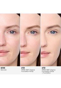 Before and after images showing facial skin. Left: bare skin with uneven tone. Center: smooth, primed skin. Right: skin with foundation applied.
