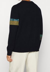 Pull en maille bleu marine avec col rond, manches longues et rayures tissées colorées en vert, or et bleu sur les deux manches.