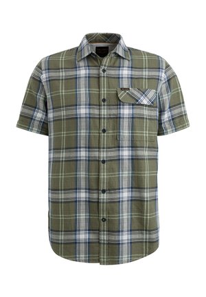 Košulja kratkih rukava s kariranim uzorkom u maslinasto zelenoj boji, koja sadrži kombinaciju bijelih i plavih uzoraka, dugmad na prednjoj strani i jednu džep na prsima.