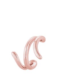 Uhani iz rožnatega zlata z zavito obliko, gladkimi, sijajnimi površinami in edinstveno abstraktno obliko. Dva zavita zaključka dodajata detajl.