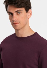 Burgunderfarbener Crewneck-Sweatshirt, aus weichem Stoff gefertigt, verfügt über einen gerippten Halsausschnitt und lange Ärmel. Minimalistisches Design ohne sichtbare Muster.