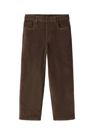 Pantalon droit en velours côtelé marron avec passants pour ceinture, bouton à l'avant, fermeture éclair et design à cinq poches sur fond blanc.
