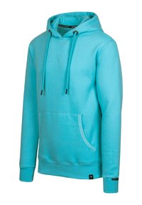 Turquoise hooded sweatshirt with a front pocket, ribbed cuffs and hem, flat drawstrings, and embossed logo on the chest. Lightweight material.