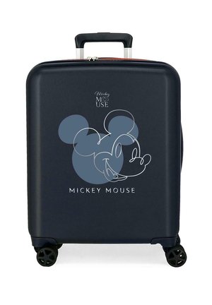 Maleta con ruedas de color azul marino con asa retráctil que presenta un gran contorno de Mickey Mouse y el texto "MICKEY MOUSE" en el panel frontal.